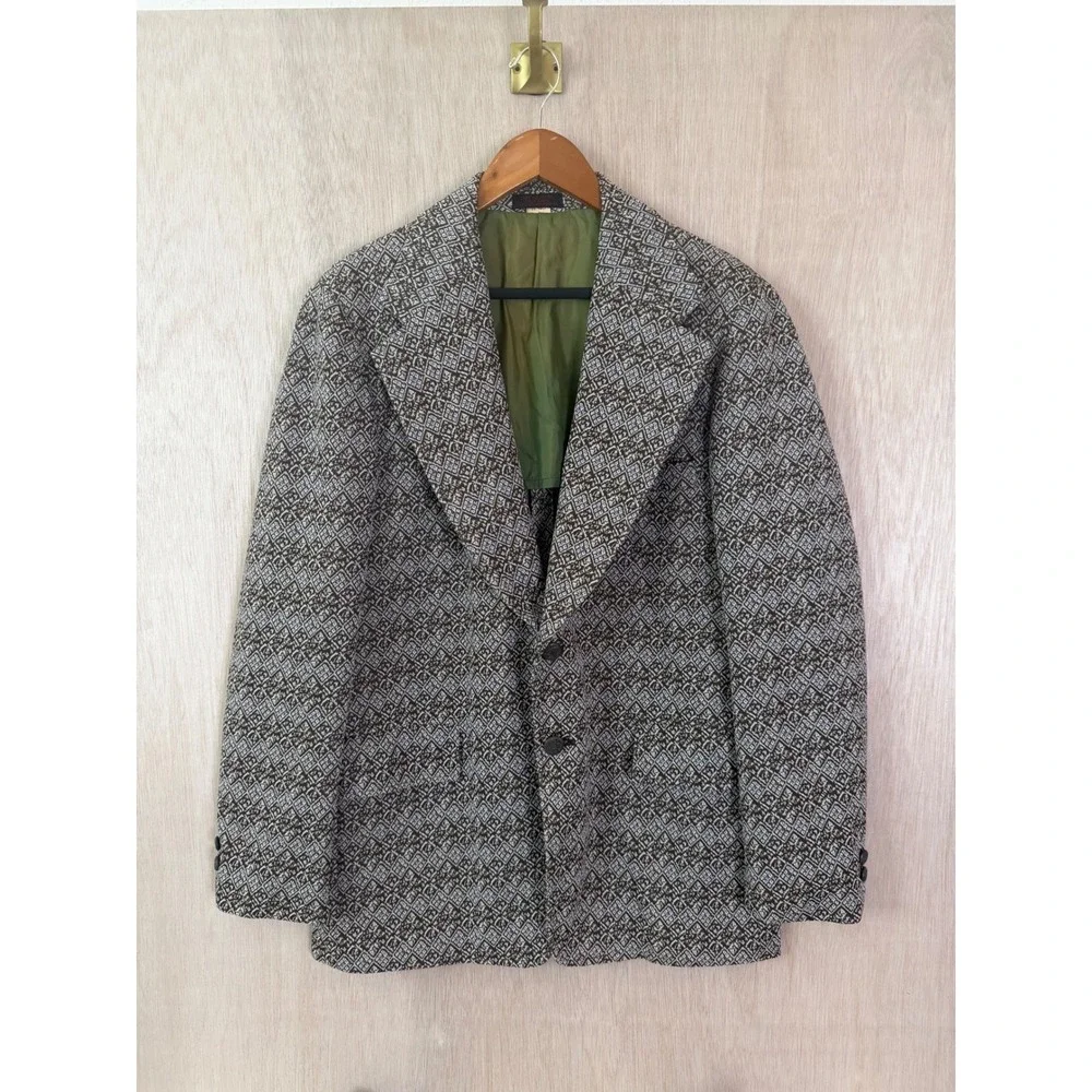 Sir Walter University Mens Brown Geometric Double Knit Suit Jacket Blazer 40R